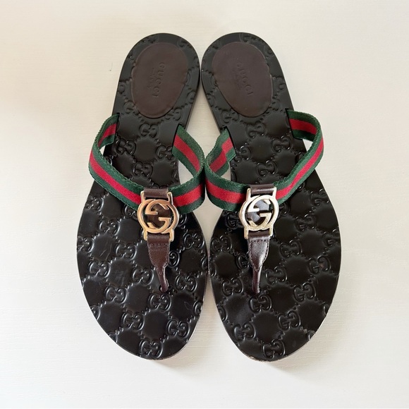 Gucci Interlocking GG Web Stripe Flip Flop Sandals Size EU 38.5 Black Leather - Picture 1 of 11